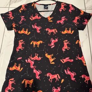 Black and Pink Unicorn Print Women's Scrub Top